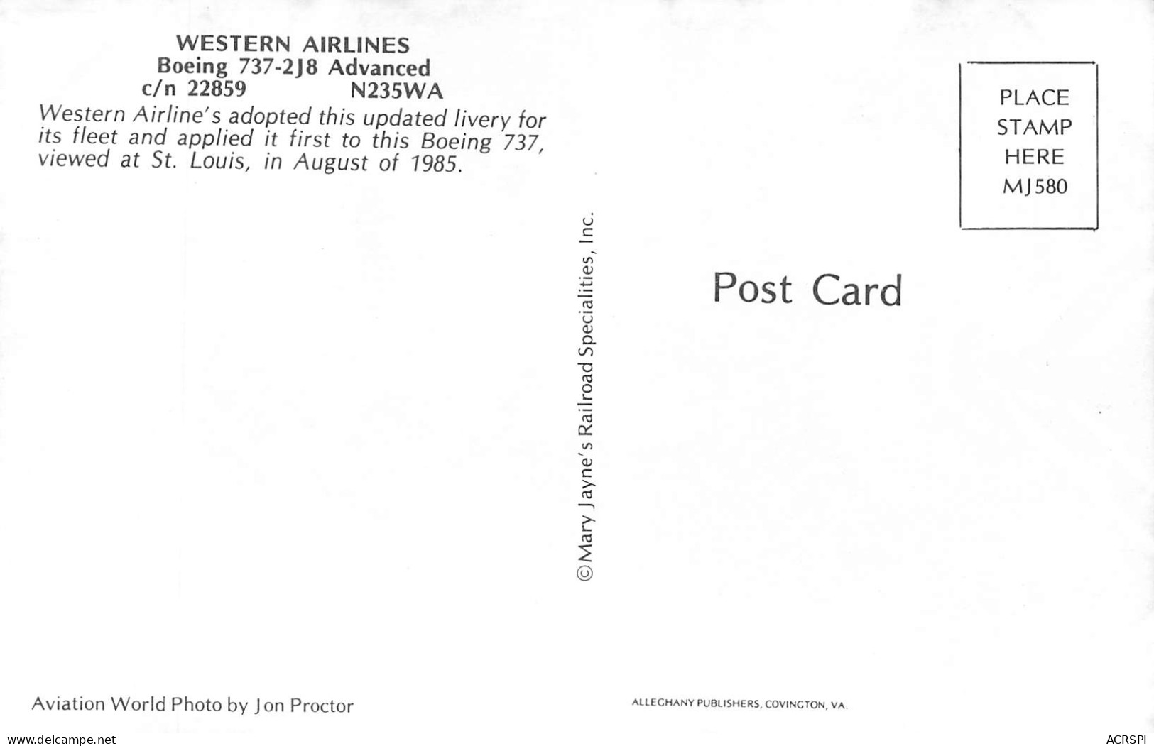 BOEING B737-2J8 WERSTERN AIRLINES (Scan R/V) N° 42 \MP7159 - 1946-....: Era Moderna
