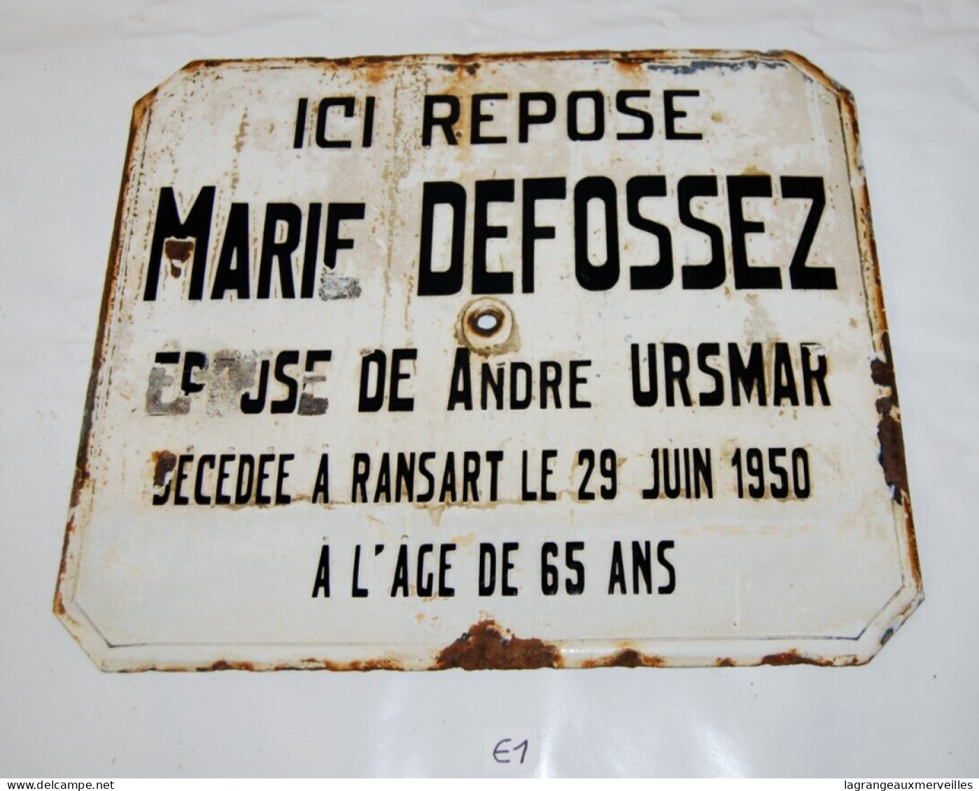 E1 Ancienne plaque émaillée mortuaire - Ransart Charleroi Defossez