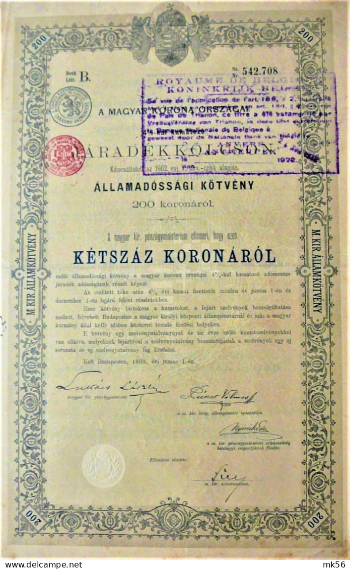 Königr. Ungarn-Staatssc.Verschr.-200 Kronen - 4 % (1902) - Budapest - Autres & Non Classés