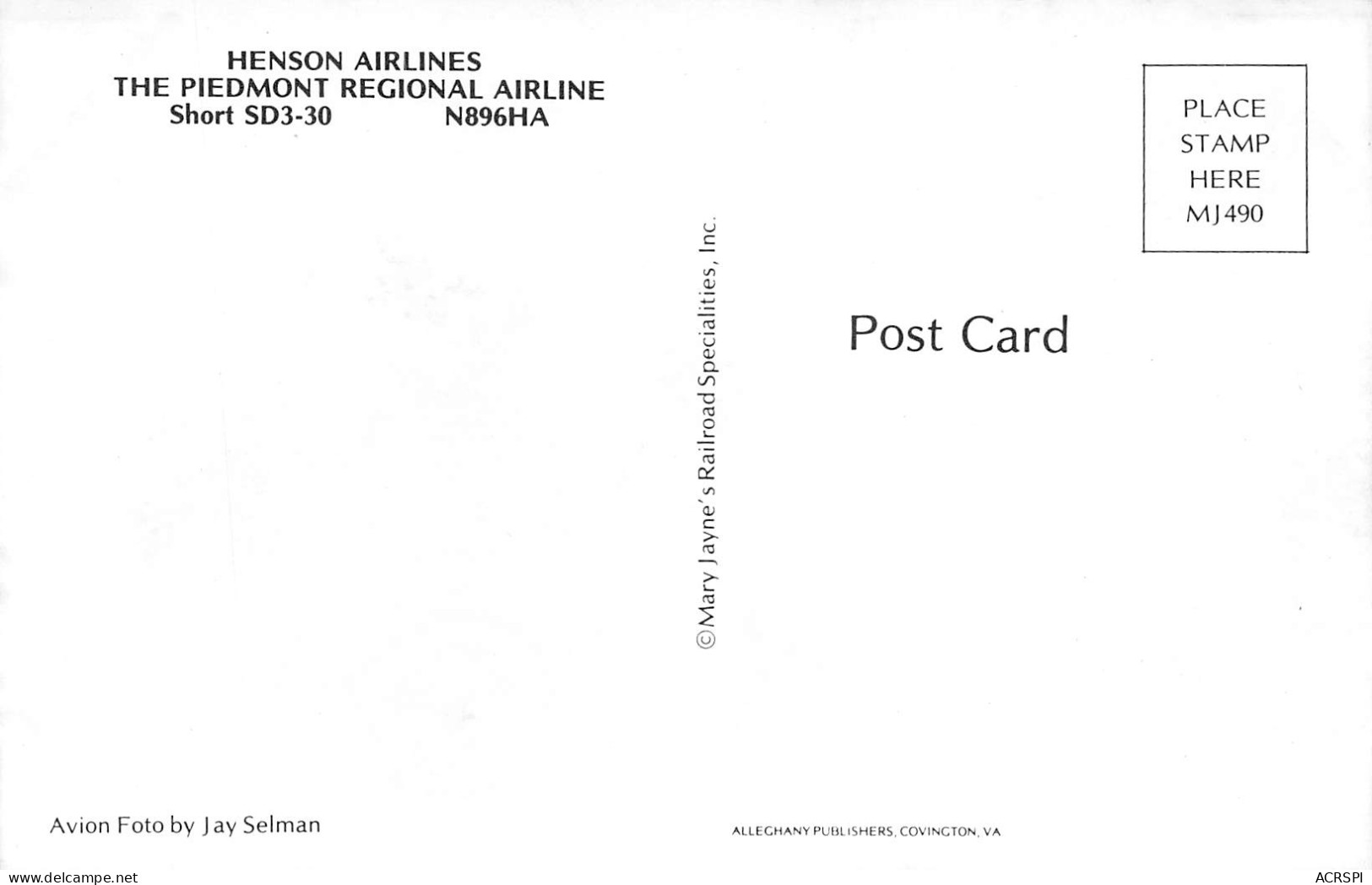 SHORT SD3-30 HENSON AIRLINES Piedmont Régional Airline (Scan R/V) N° 64 \MP7160 - 1946-....: Era Moderna