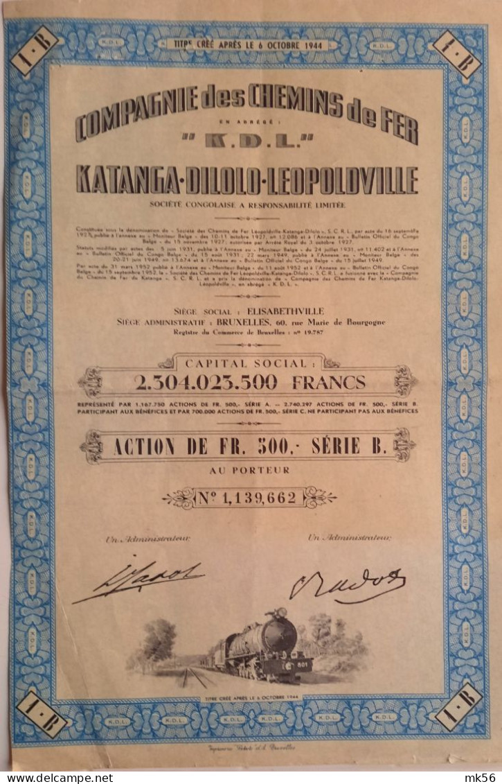 Compagnie Des Chemins De Fer Kinshasa-Dilolo-Léopoldville - 1952 - Elisabethville - SerieB - Afrique
