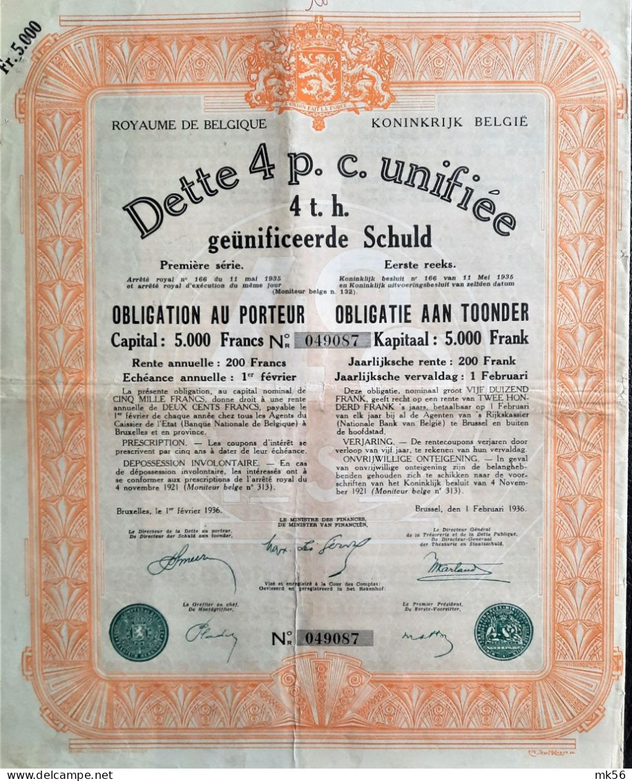 Koninkrijk Belgie - Dette 4 Pc Unifiée (1936) - Banca & Assicurazione