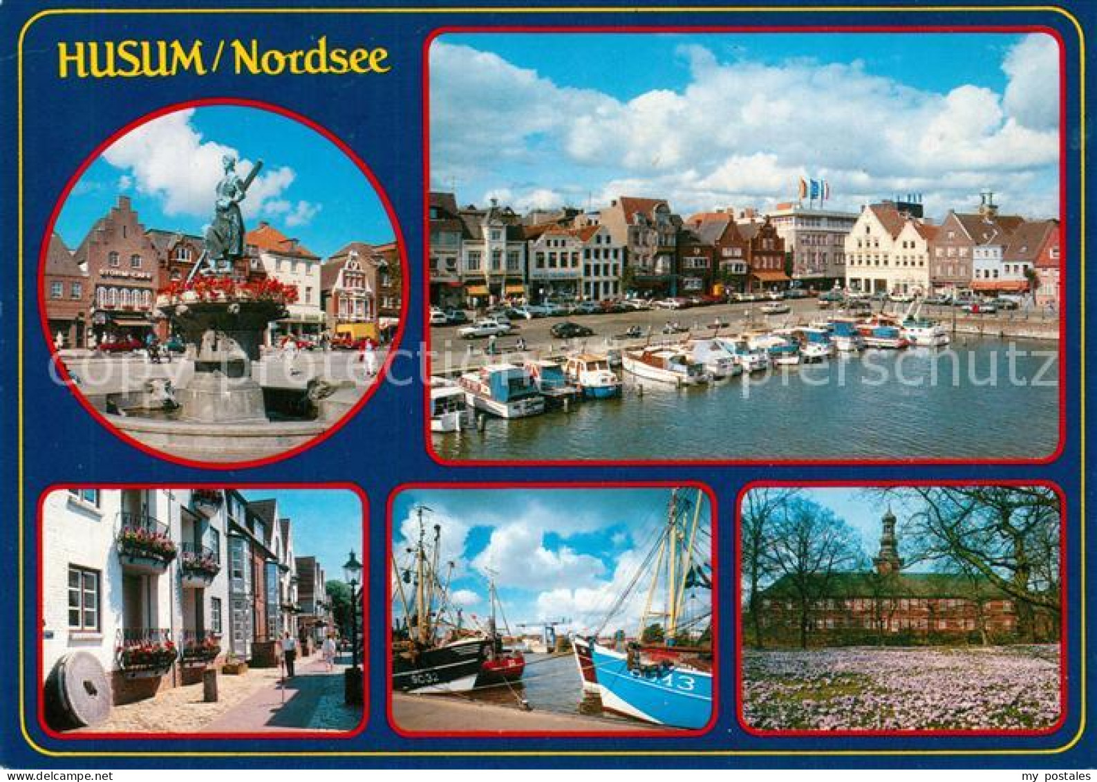 73294216 Husum Nordfriesland Brunnen Hafen Fischkutter Haeuserpartie Husum Nordf - Husum