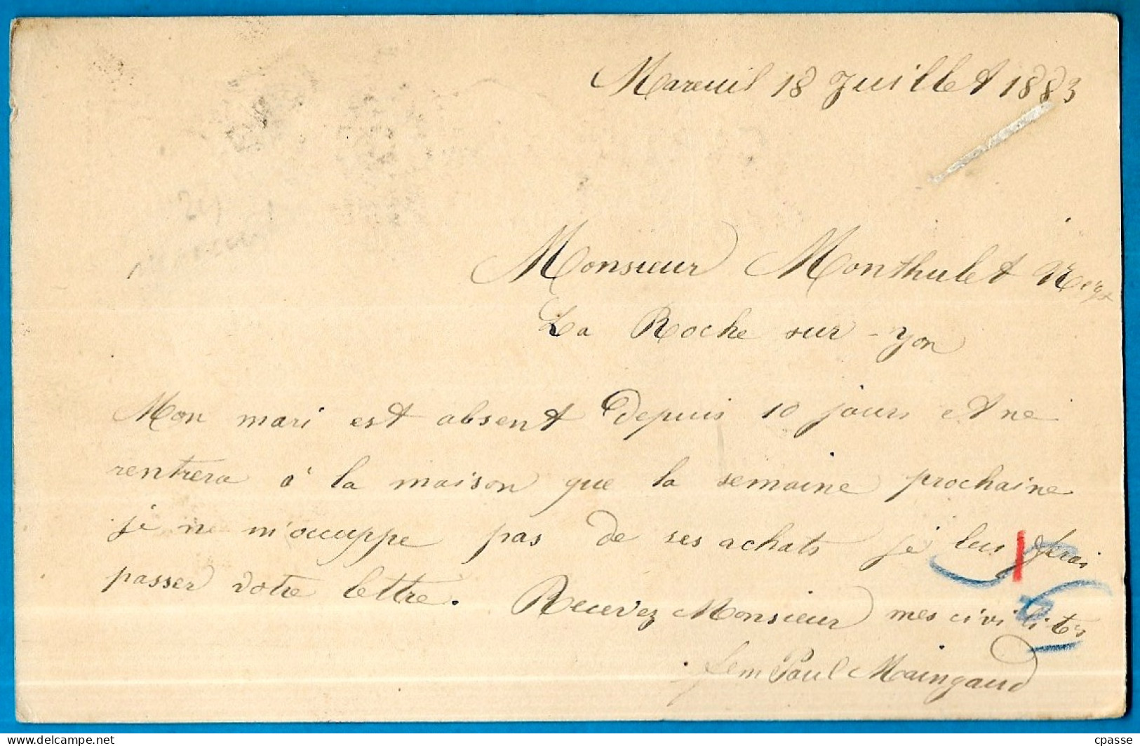 1883 Entier Type Sage, Cachet Convoyeur "La Rochelle à La Roche-sur-Yon" écrite De 24 Mareuil Pour 85 La Roche-sur-Yon - Standard Postcards & Stamped On Demand (before 1995)