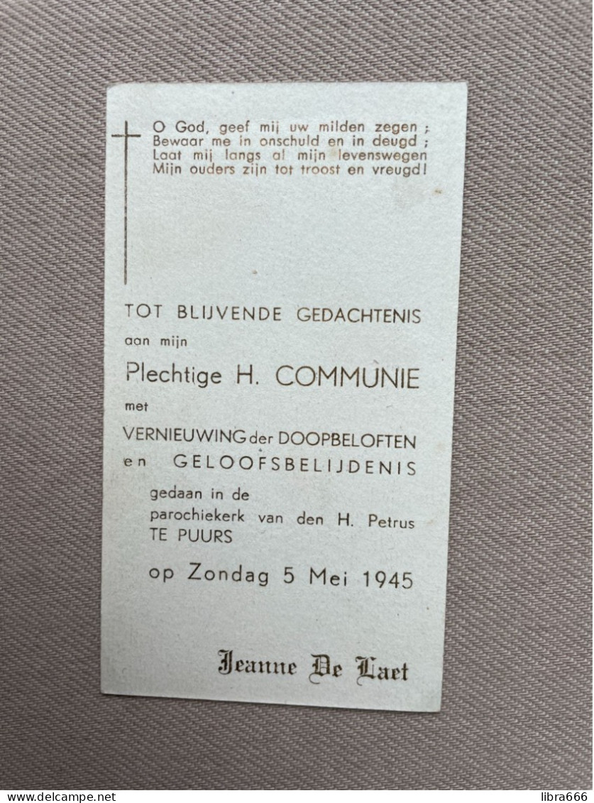 Communie - DE LAET Jeanne - 1945 - H. Petrus - PUURS - Kommunion Und Konfirmazion