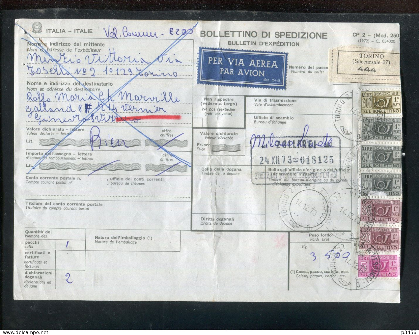 "ITALIEN" 1973, Auslands-Paketkarte In Die Schweiz, Frankatur ! (R1211) - Postal Parcels