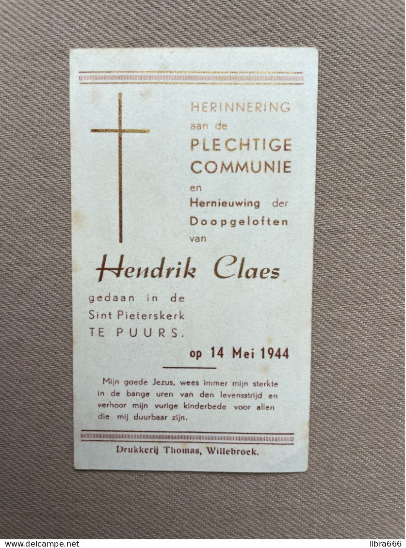 Communie - CLAES Hendrik - 1944 - Sint Pieters - PUURS - Communion