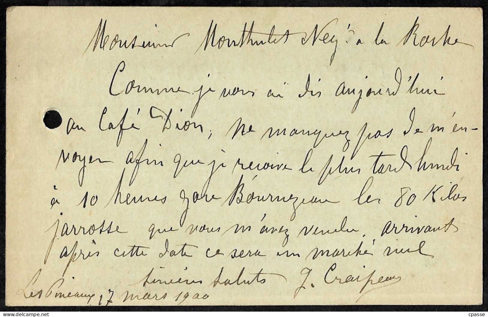 1900 Entier Postal Type Sage, Cachet Convoyeur "Tours à La Roche-sur-Yon" écrite 85 Les Pineaux Pour La Roche-sur-Yon - Standard Postcards & Stamped On Demand (before 1995)
