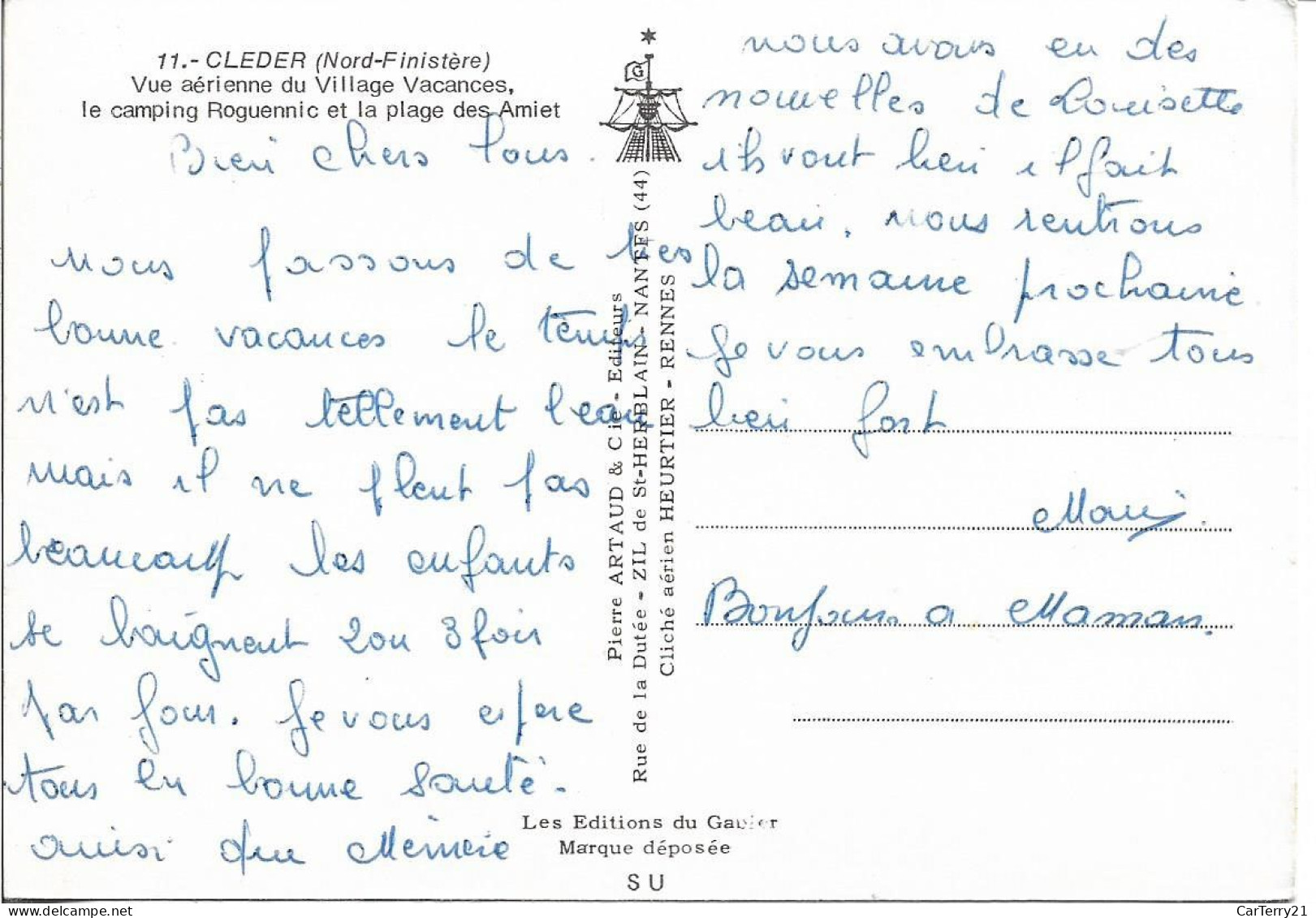 CPSM. 29 CLEDER. VUE AERIENNE VILLAGE VACANCES. CAMPING ROGUENNIC. PLAGE DES AMIET. - Cléder