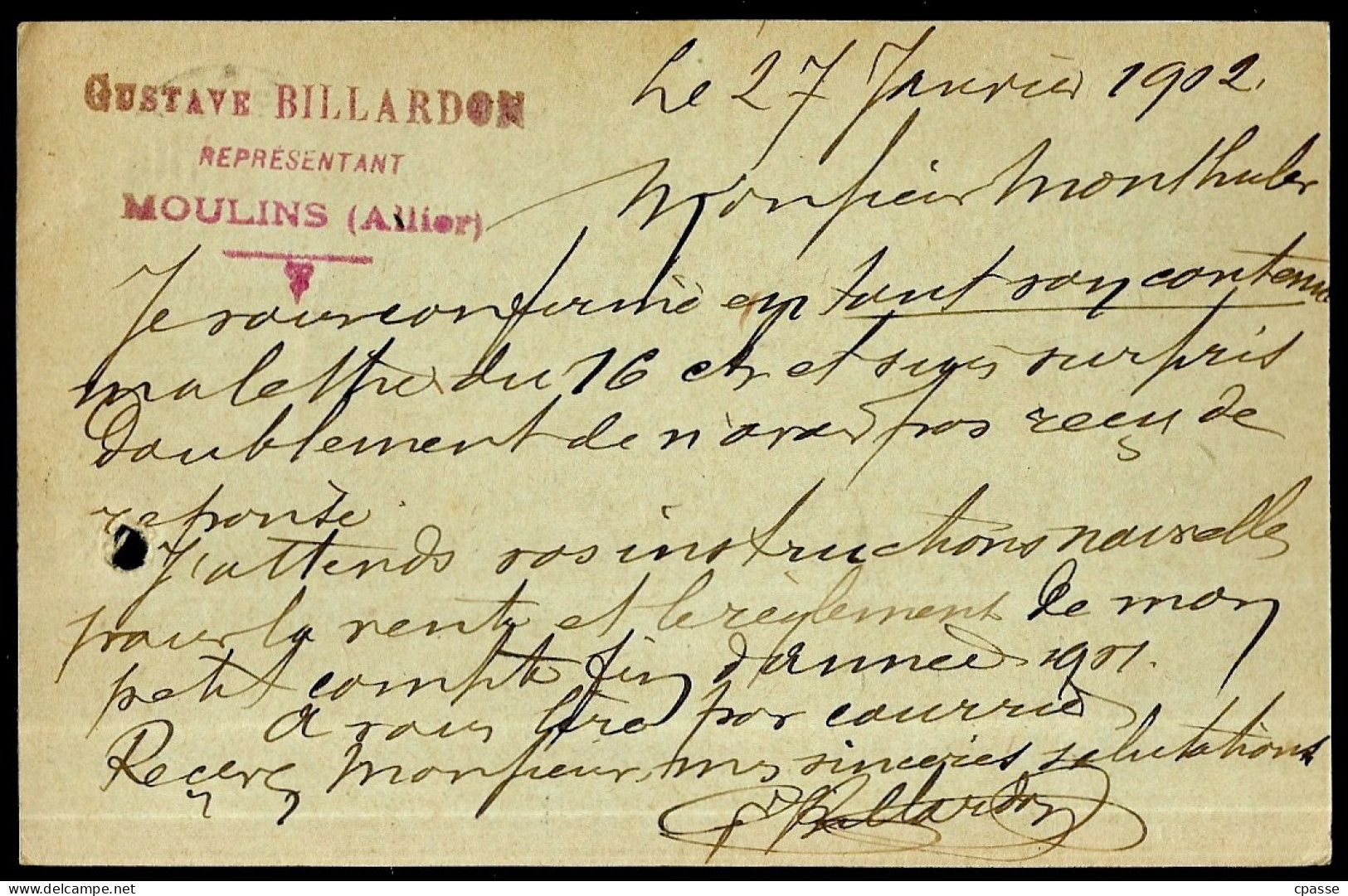 1902 Entier Postal Type Sage, Commercial, Exp. Gustave BILLARDON 03 MOULINS Allier Vers 85 La Roche-sur-Yon Vendée - Cartoline Postali E Su Commissione Privata TSC (ante 1995)