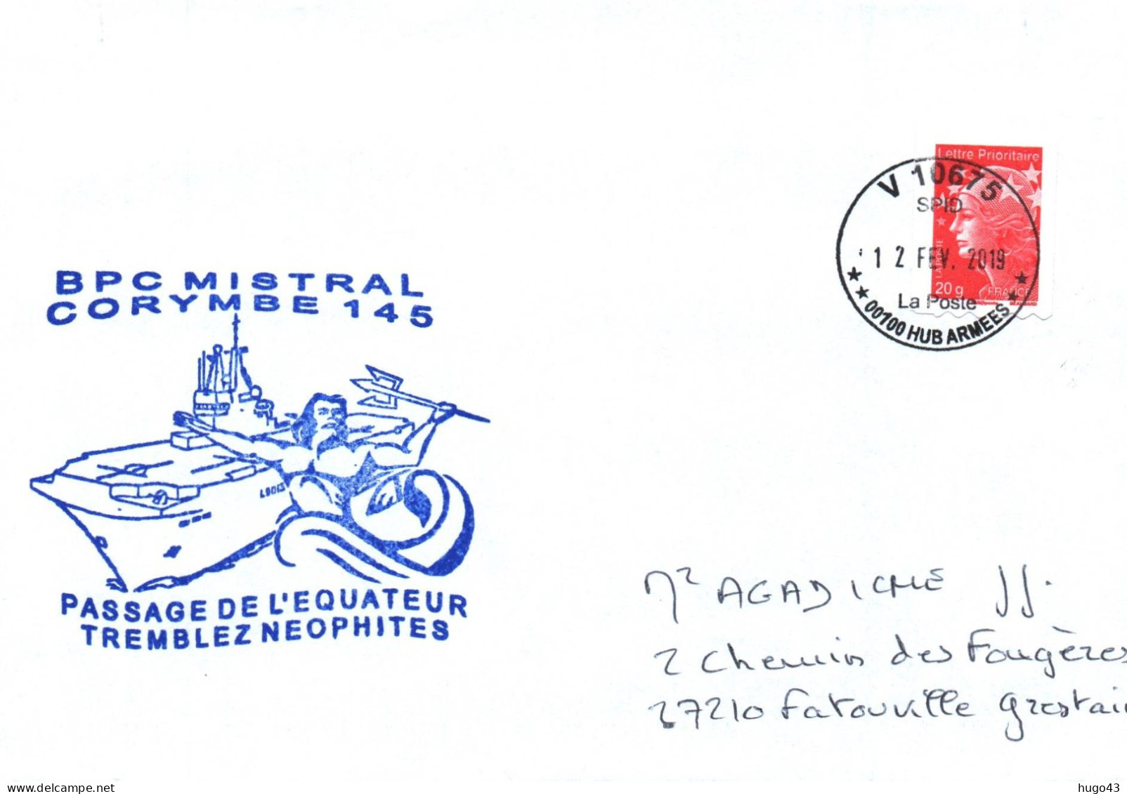 ENVELOPPE AVEC CACHET DU  BPC MISTRAL  - MISSION CORYMBE 145 - PASSAGE DE L' EQUATEUR - LE 12/02/2019 - Scheepspost