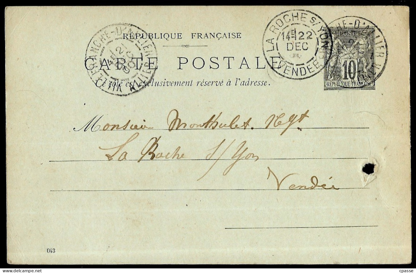 1900 Entier Postal Type Sage, Commercial, Exp.à 03 BIZENEUILLE Cachet Villefranche D'Allier à 85 La Roche-sur-Yon Vendée - Cartes Postales Types Et TSC (avant 1995)