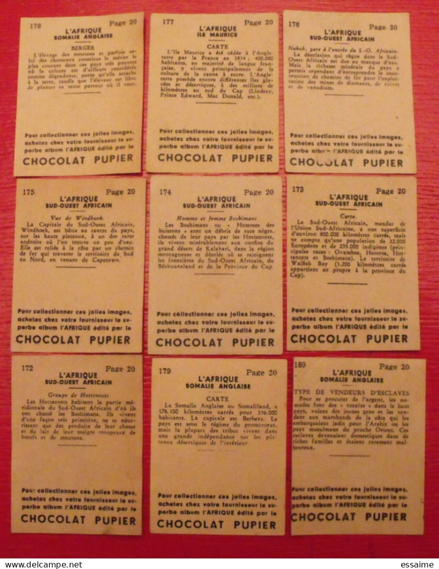Lot 9 Images Chocolat Pupier. Album Afrique 1950. Somalie  Maurice Mauritius Esclave Carte Sud-ouest Nakob Windhoek - Andere & Zonder Classificatie