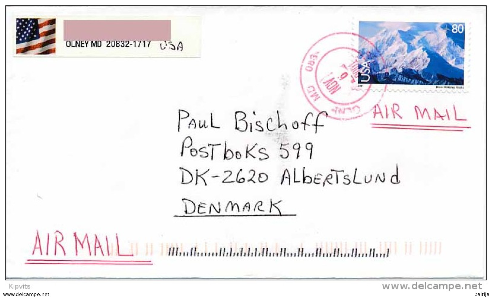 80c Mount McKinley Solo Cover Abroad - November 6, 2001 Olney MD 20832 - 3c. 1961-... Lettres