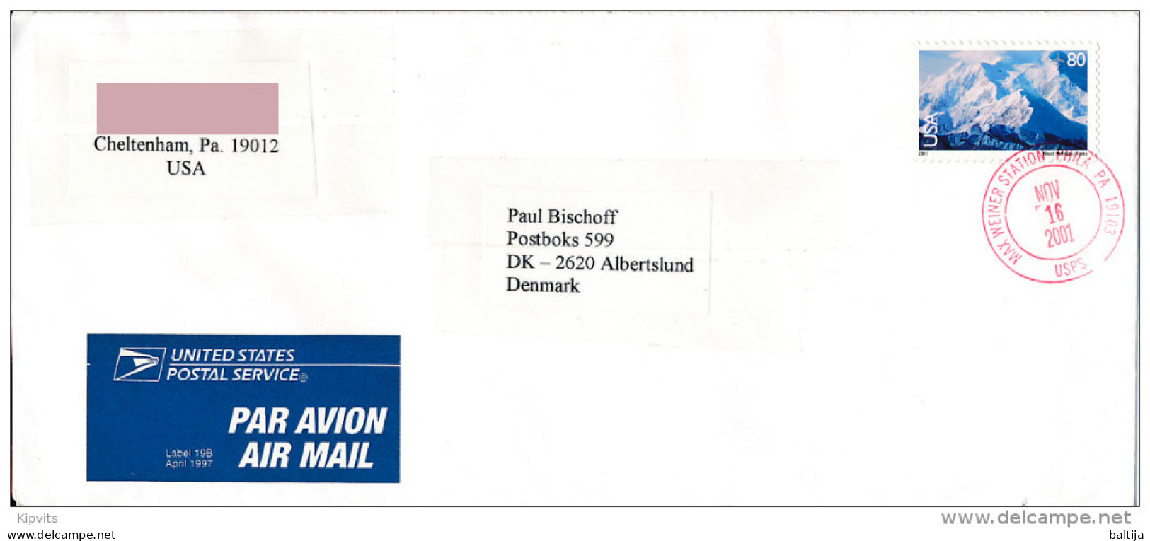 80c Mount McKinley Solo Cover Abroad - November 16, 2001 Max Weiner Station Phila PA 19103 - 3c. 1961-... Brieven