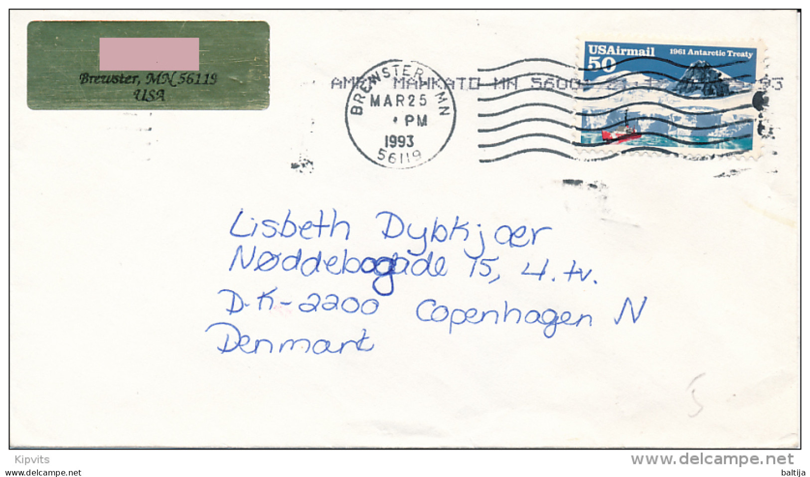 50c 1961 Antarctic Treaty Solo Cover Abroad- March 25, 1993 Brewster MN 56119 - 3c. 1961-... Covers