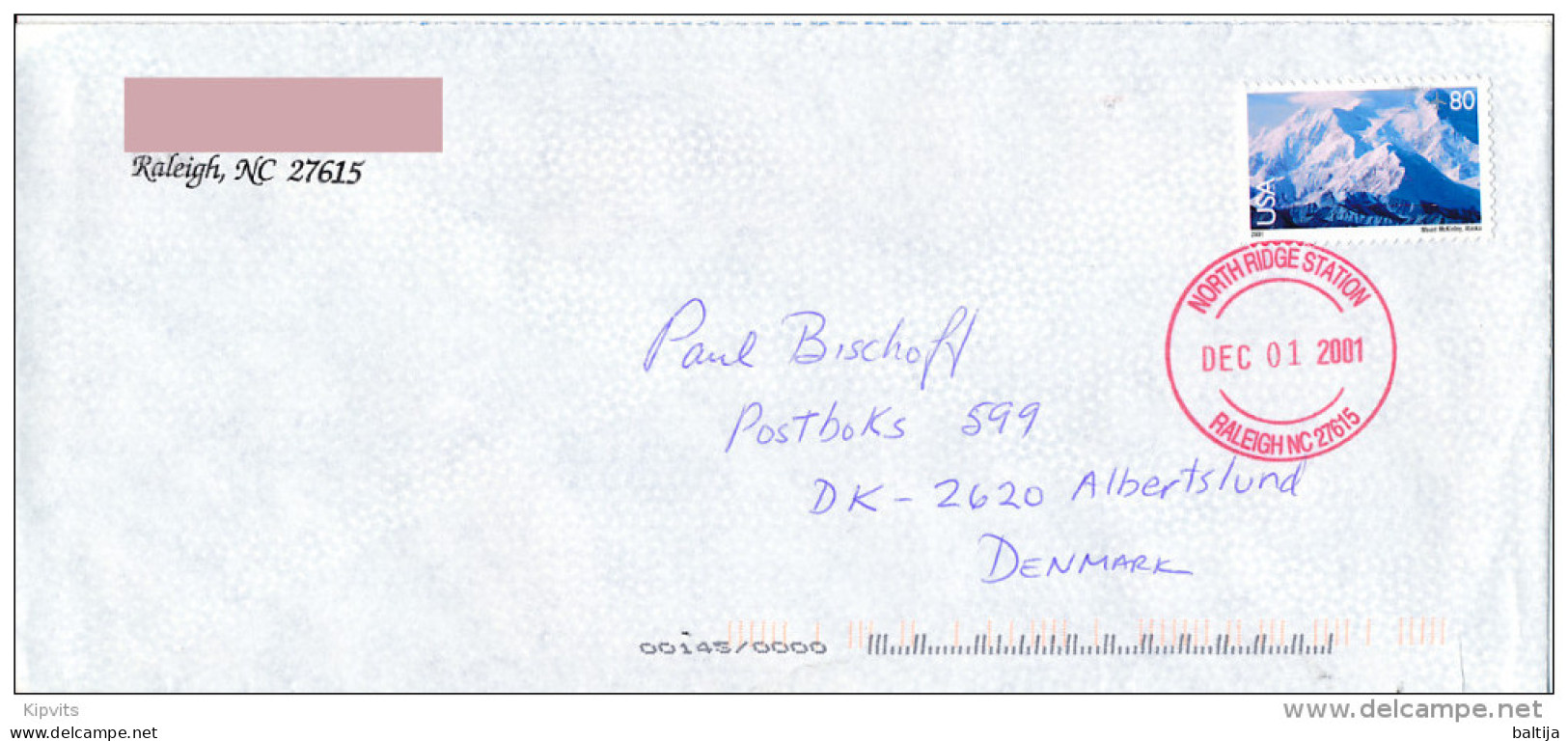 80c Mount McKinley Solo Cover Abroad - December 1, 2001 North Ridge Station Raleigh NC 27615 - Cartas & Documentos