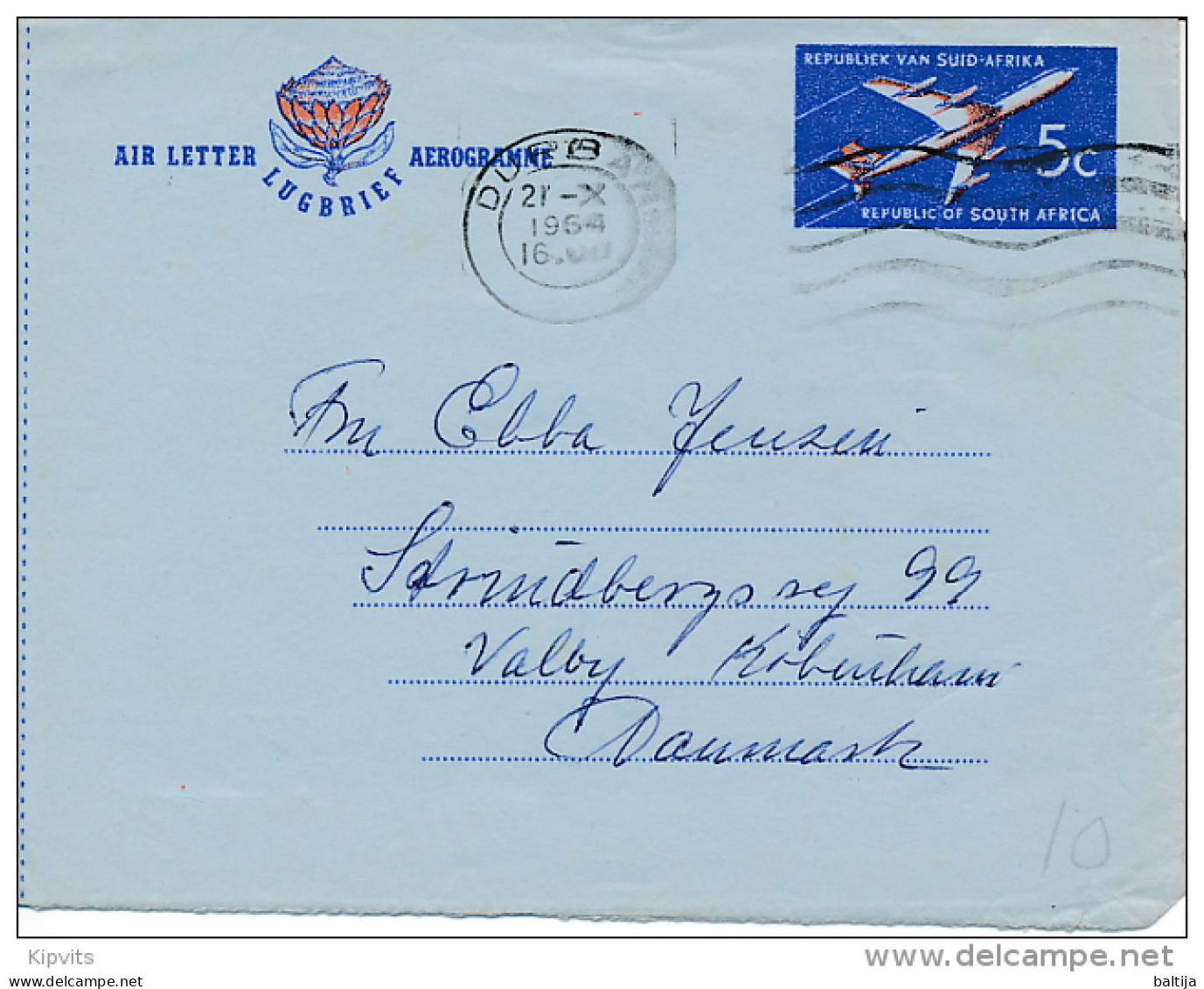 Solo Aerogramme Lugbrief Abroad - 21 October 1964 Durban - Cartas & Documentos