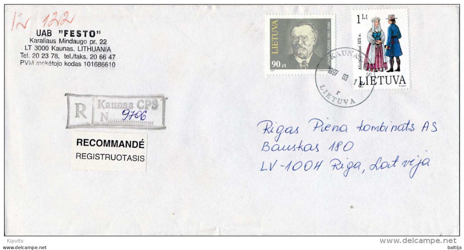 Registered  Cover Abroad / Costumes - 19 March 1997 Kaunas CPS - Lituania