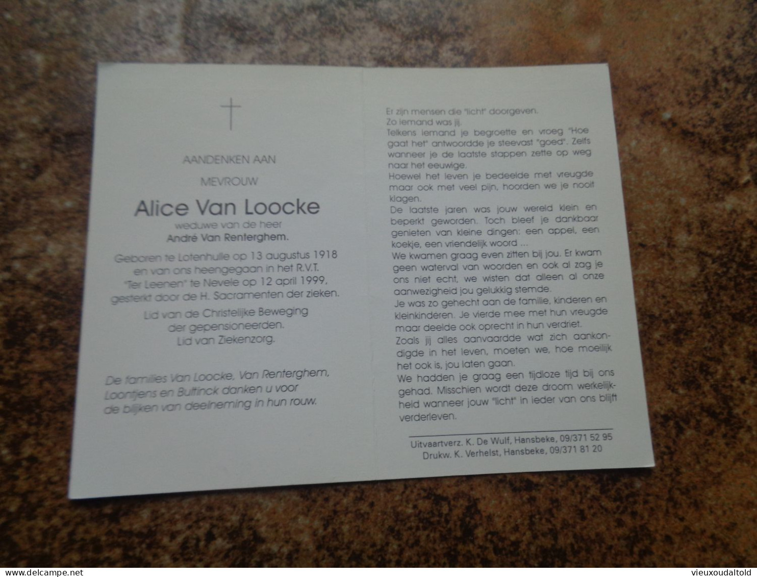 Doodsprentje/Bidprentje   Alice Van Loocke   Lotenhulle 1918-1999 Nevele  (Wwe André Van Renterghem) - Religione & Esoterismo