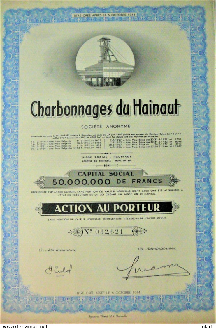 S.A. Charbonnages Du Hainaut - Act. Au Porteur (Hautrage) - Mines