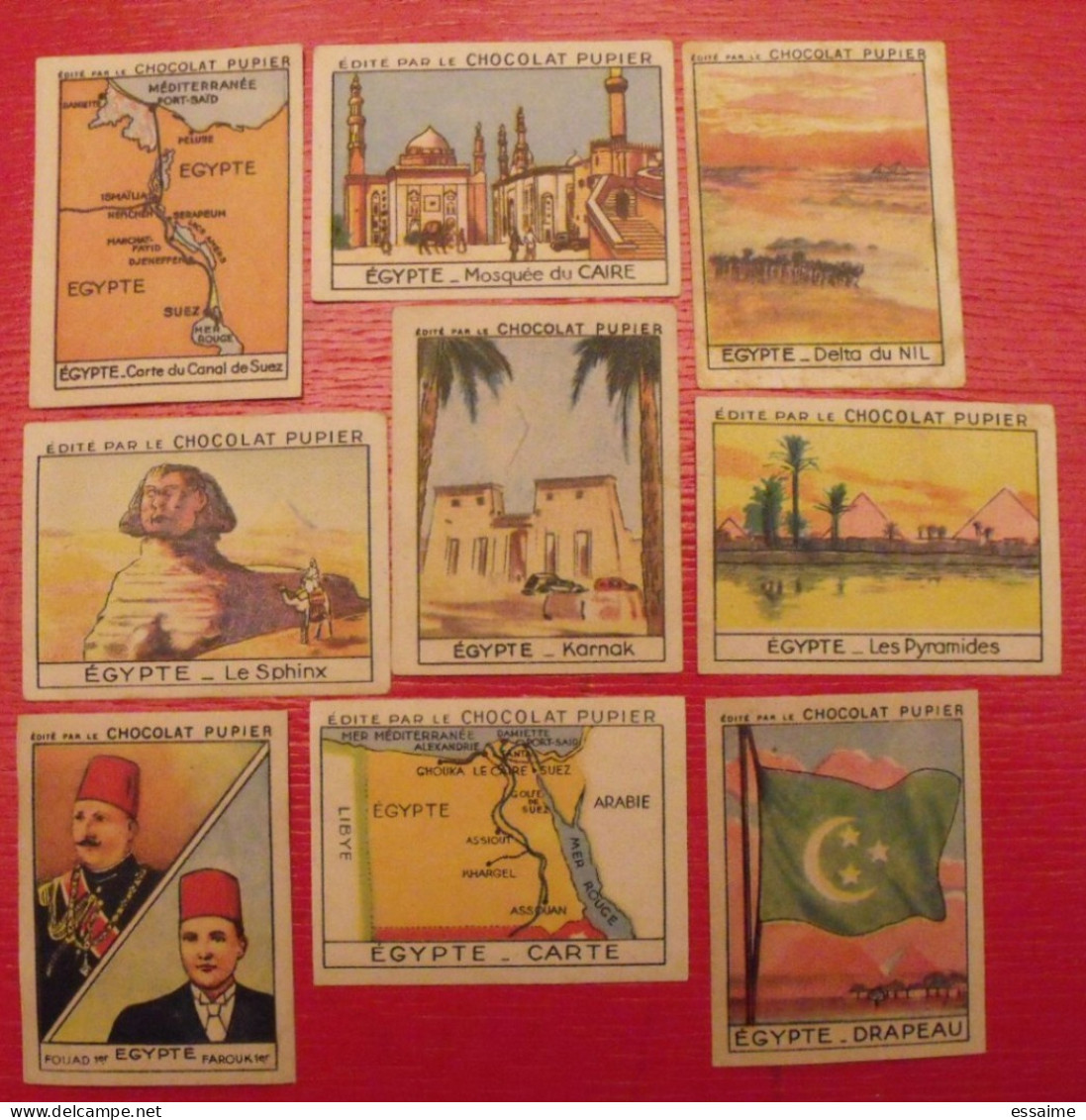 Lot 9 Images Chocolat Pupier. Album Afrique 1950. Egypte Farouk Fouad Pyramides Karnak Sphinx Nil Suez - Autres & Non Classés