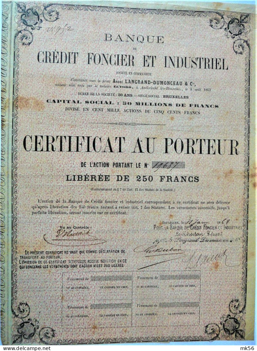 S.C. Banque De Credit Foncier Et Ind. -ctf Au P. De250 Fr.n (1868 !) - Banca & Assicurazione