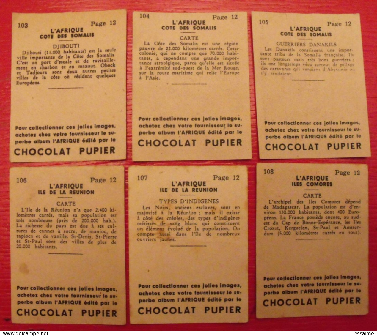 Lot 6 Images Chocolat Pupier. Album Afrique 1950. Côte Des Somalis Djibouti Danakil La Réunion Comores - Andere & Zonder Classificatie