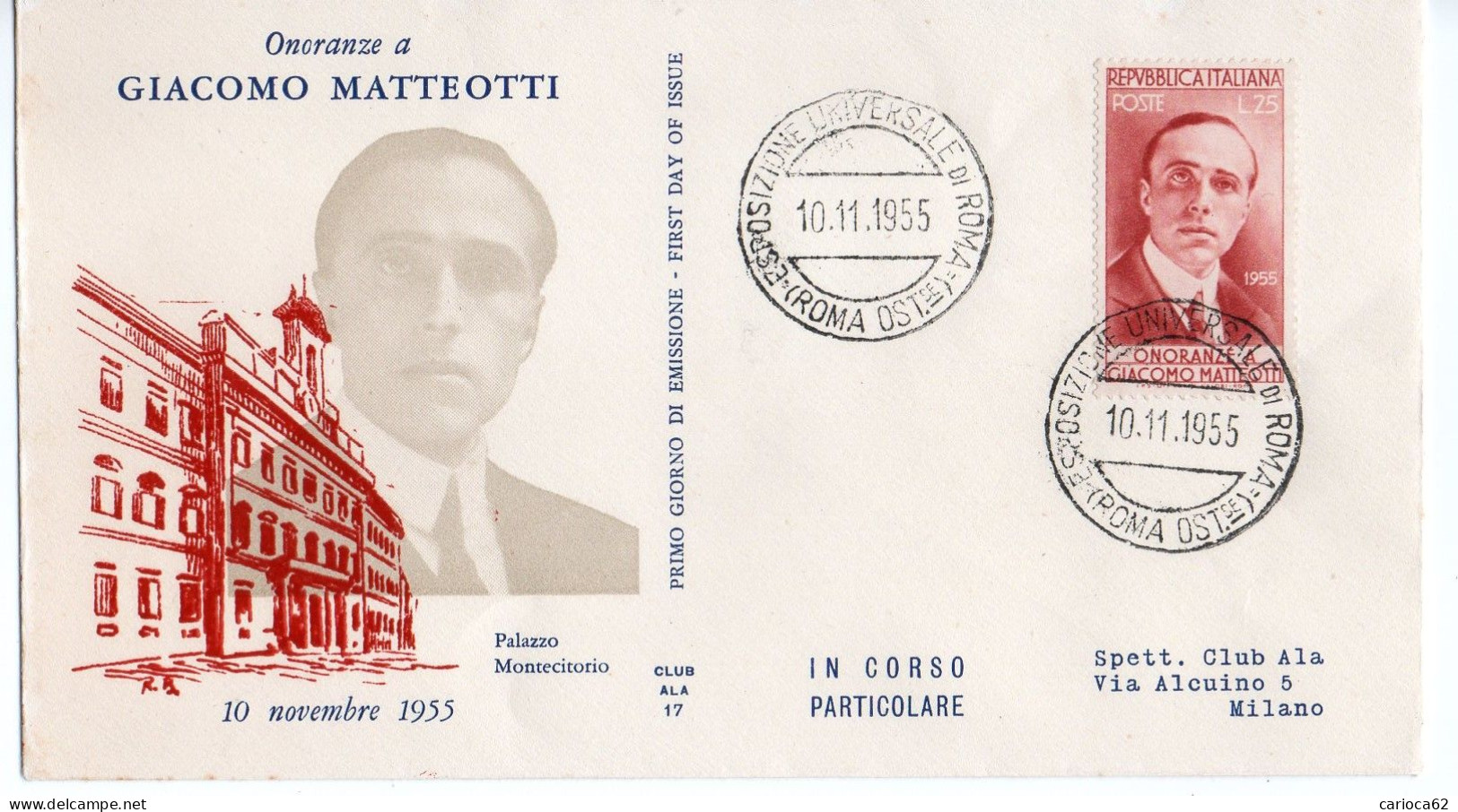 1955 - FDC " GIACOMO MATTEOTTI " ALA VEDI++++ - FDC