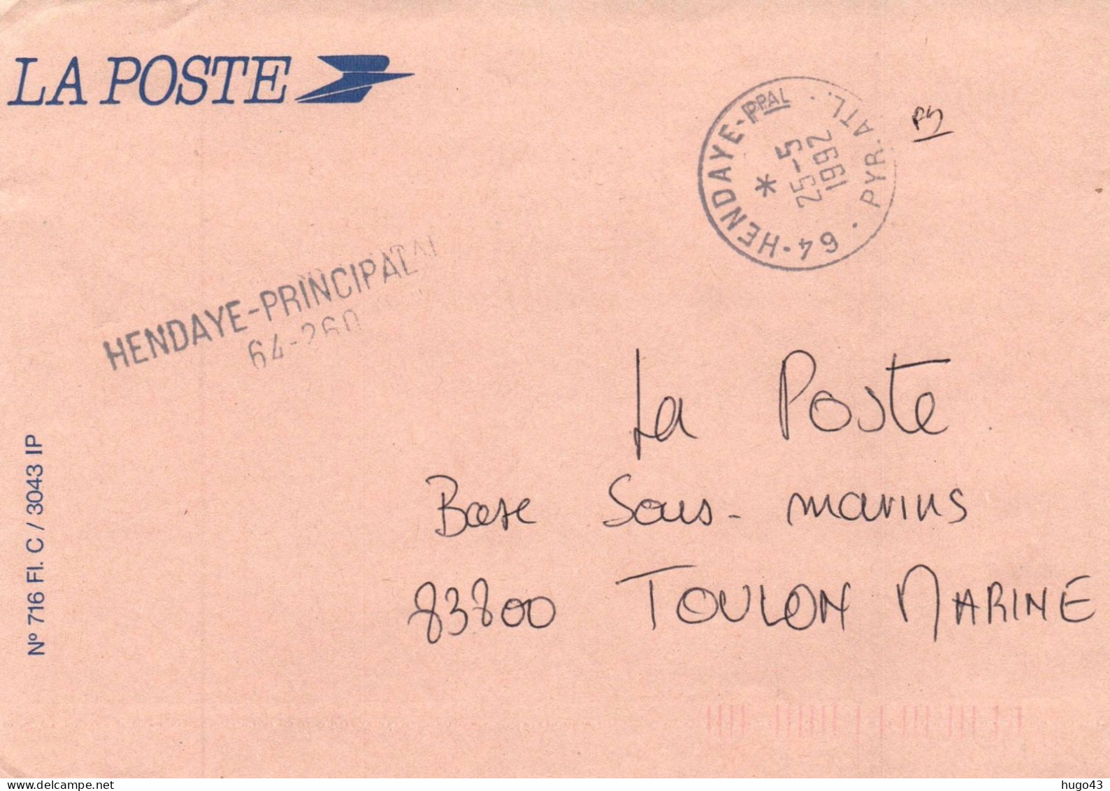 ENVELOPPE DE HENDAYEPOUR LA BASE SOUS MARINS TOULON MARINE LE 25/05/1992 - BEAU CACHET - Seepost