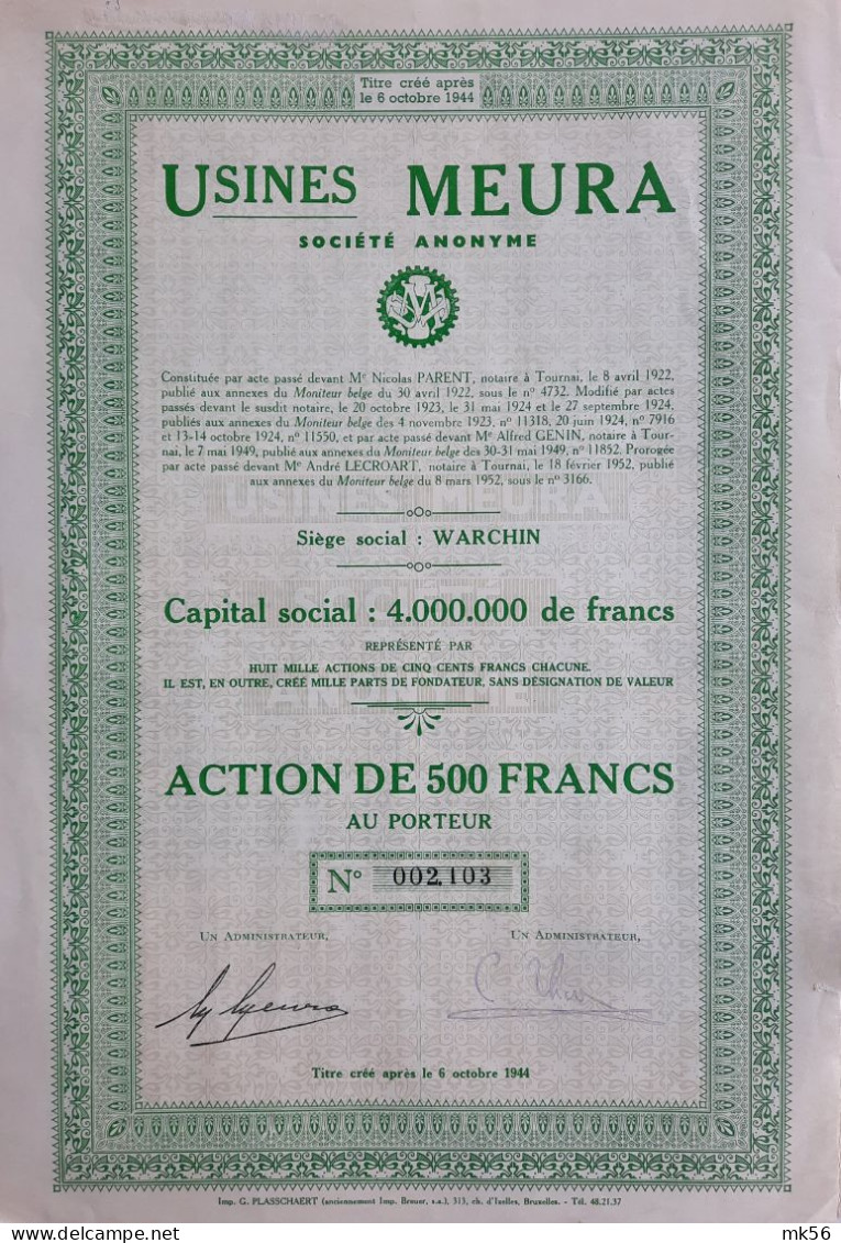 Usines Meura - Warchin - Action De 500 Francs -1952 - Industry