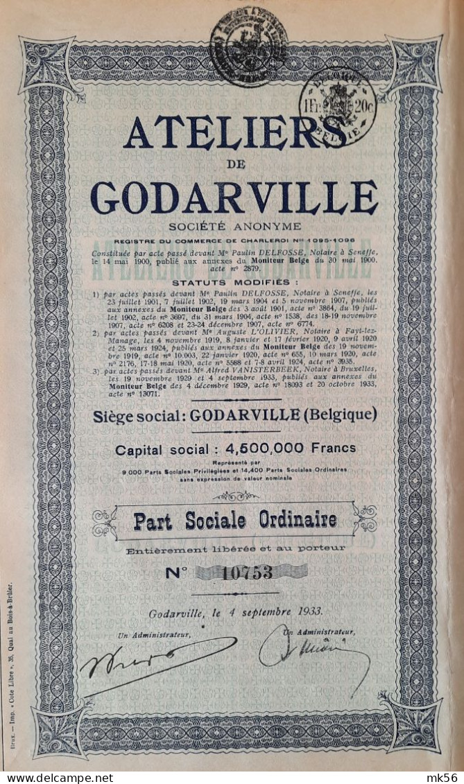 S.A. Atliers De Godarville - Part Sociale Ordinaire -1933 - Industrial