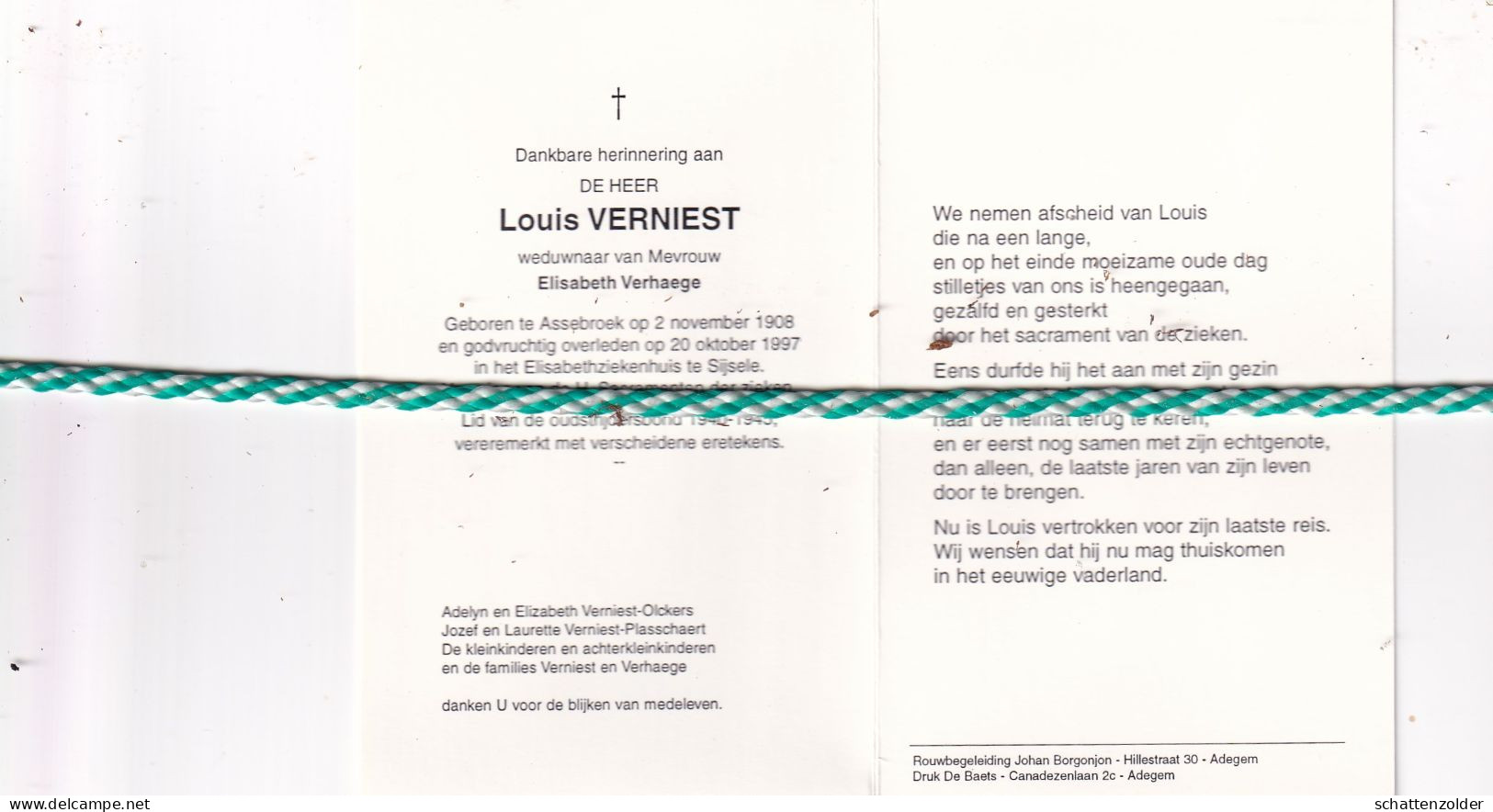 Louis Verniest-Verhaege, Assebroek 1908, Sijsele 1997. Foto - Décès