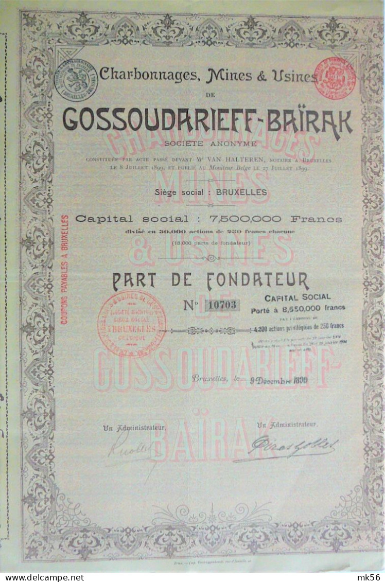 Charbonnages Mines Et Us. Gossoudarieff-Bairak -p.fondateur . 1899 - Mines