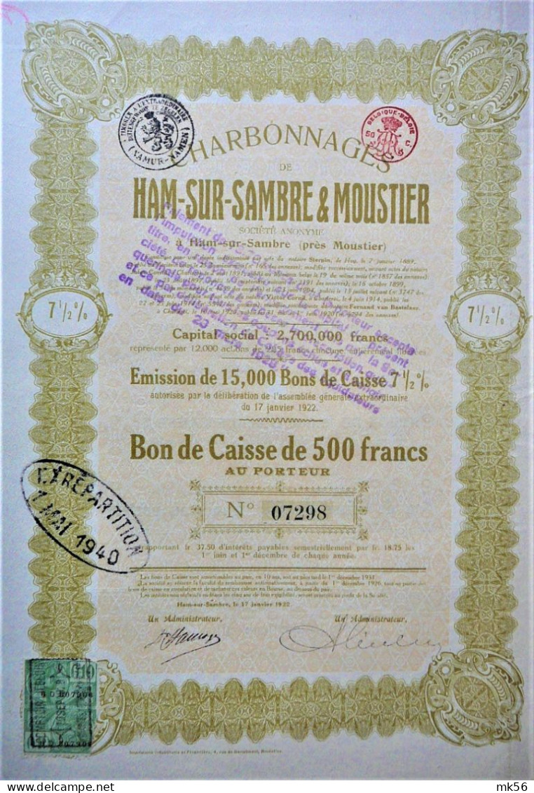 Charbonnages De Ham-sur-Sambre & Moustier  - Bon De Caisse De 500 Fr (1922) - Mijnen