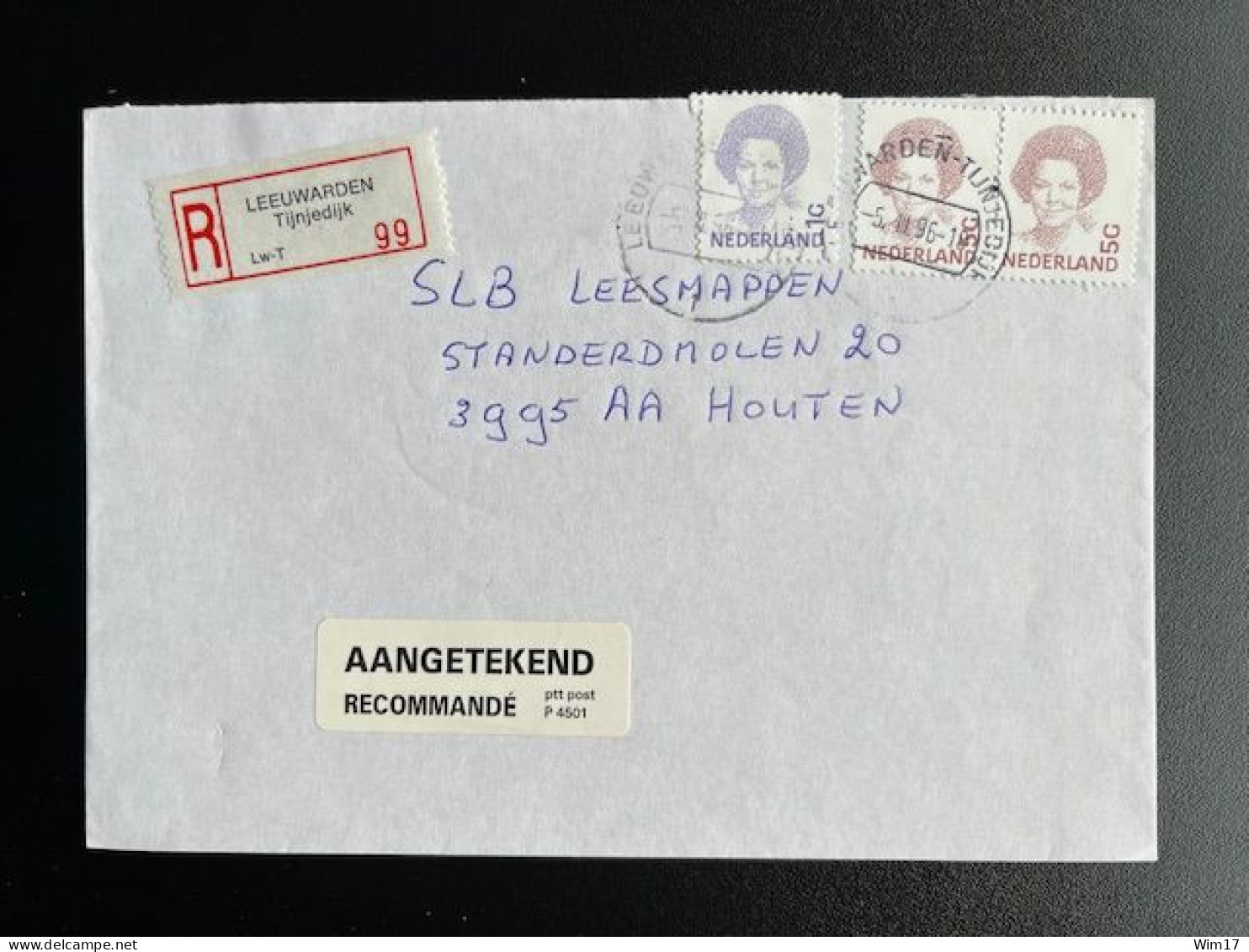 NETHERLANDS 1996 REGISTERED LETTER LEEUWARDEN TIJNJEDIJK TO HOUTEN 05-03-1996 NEDERLAND AANGETEKEND - Lettres & Documents