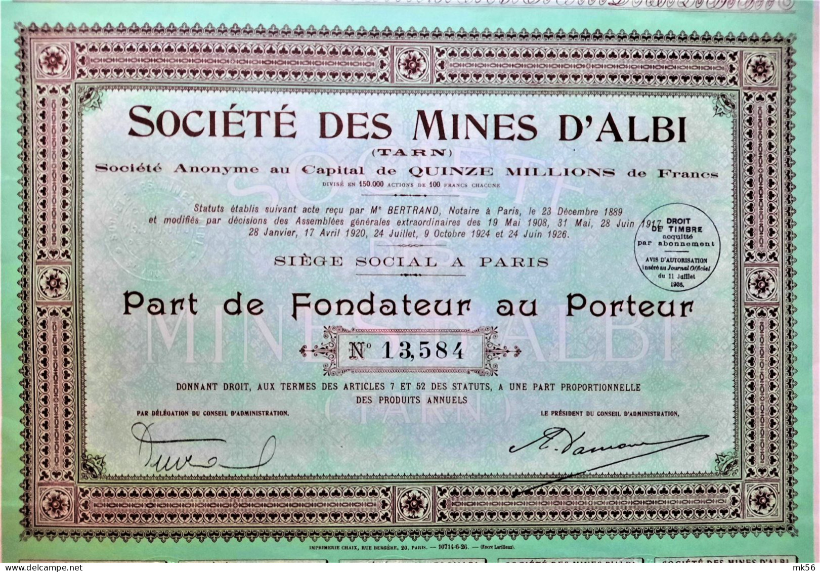 Société Des Mines D'Albi - Part De Fondateur Au Porteur - 1926 - Paris - Mineral