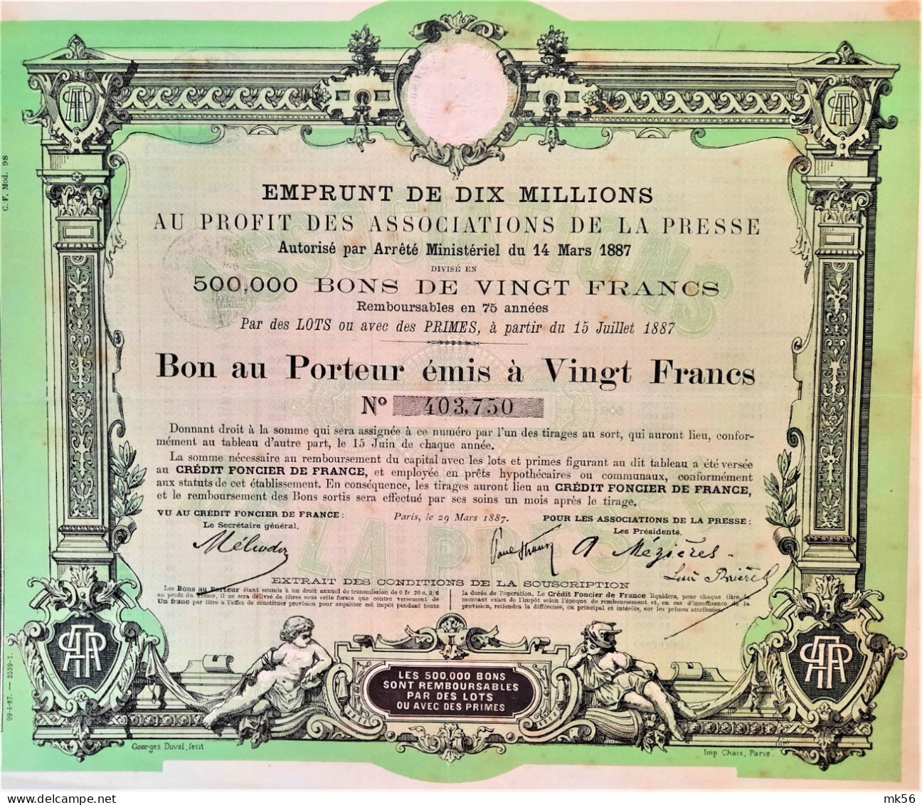 Emprunt Au Profit Des Associations De La Presse - Paris - 1887 !! - Afrika