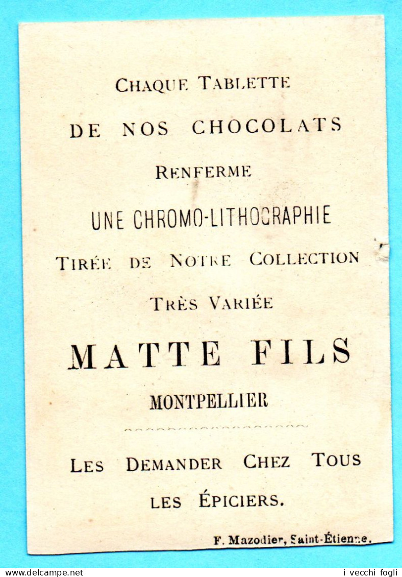 Chromo Chocolat Matte Fils. Montagne. Polichinelle Touriste. Fond Doré. - Sonstige & Ohne Zuordnung