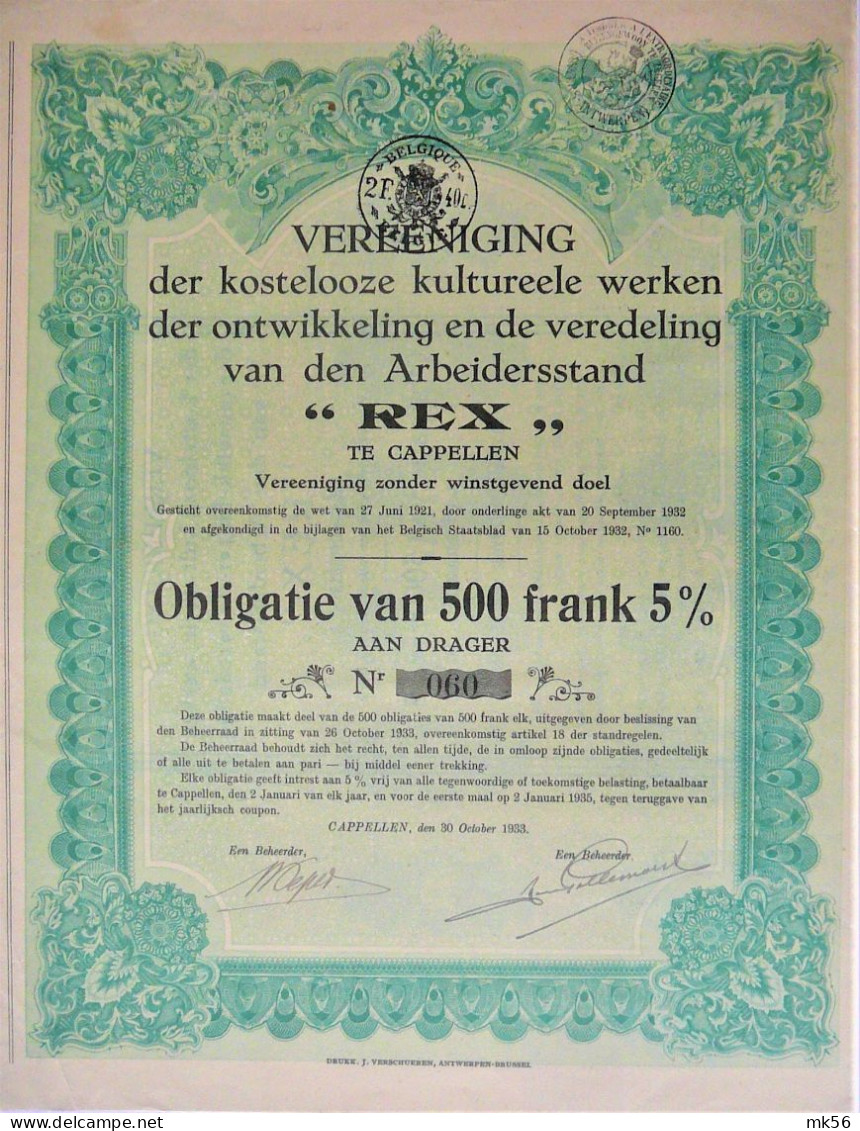 Vereniging Der Kostel.kulturele Werken-"REX"-obl 500 F 5% (Cappellen) - 1933 - Altri & Non Classificati
