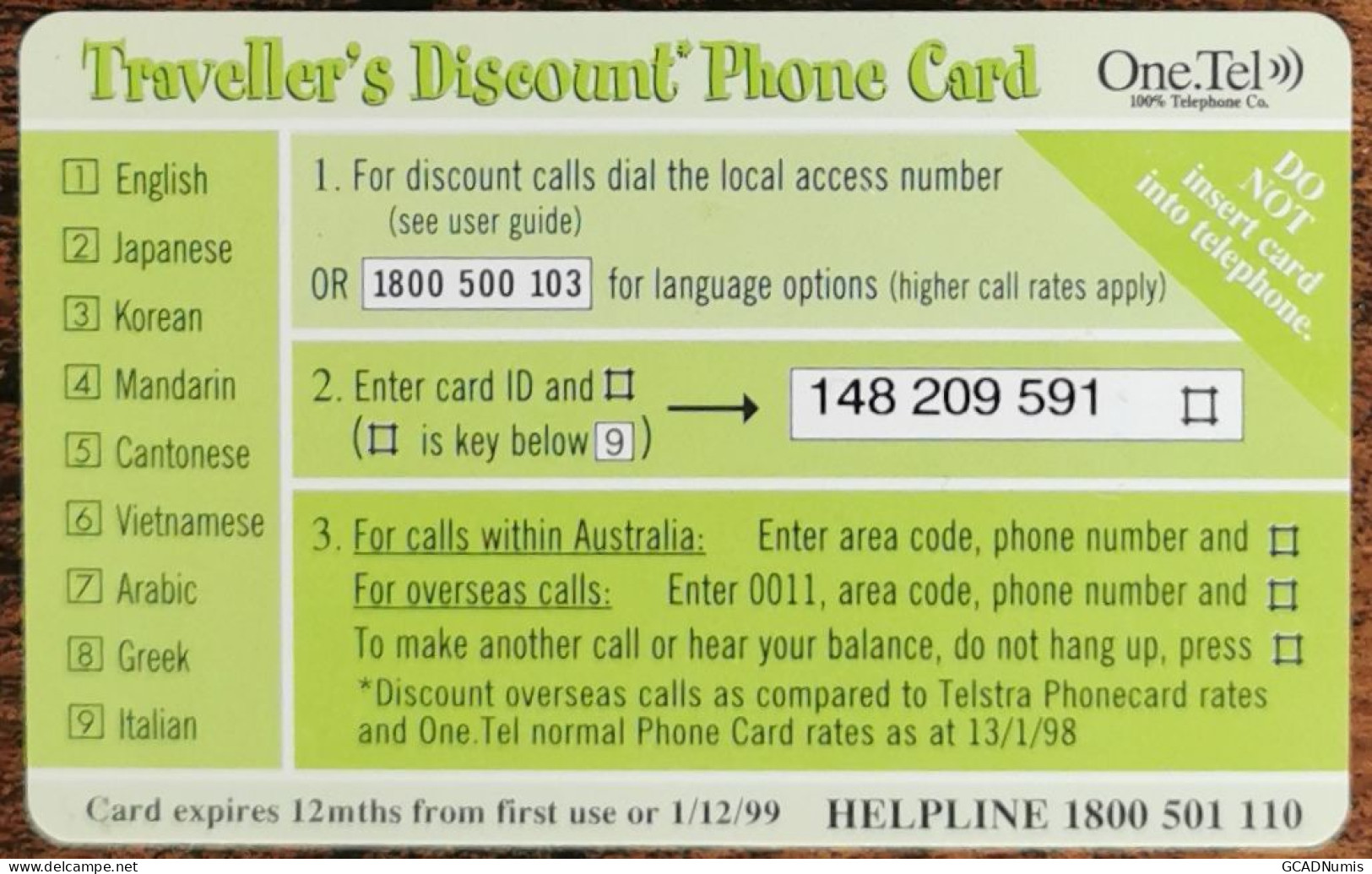 Carte De Recharge - Hello MUM Cartoons OneTel 5$ Australie 1999 - Télécarte ~67 - Australia