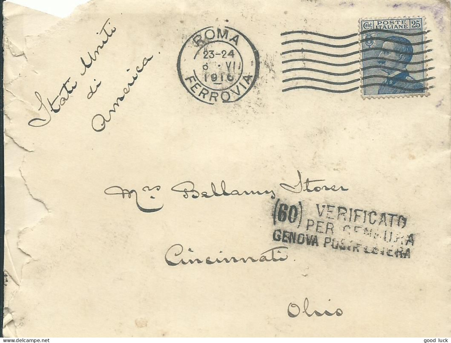 ITALIE LETTRE CENSUREE 25c ROMA FERROVIA POUR CINCINNATI ( OHIO / USA ) DE 1916  LETTRE COVER - Storia Postale