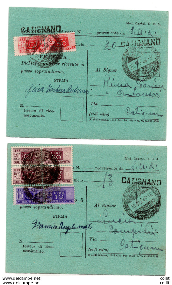 Pacchi Postali - Due Avvisi Di Arrivo Pacco (sostegno Dagli USA) - 1946-60: Storia Postale