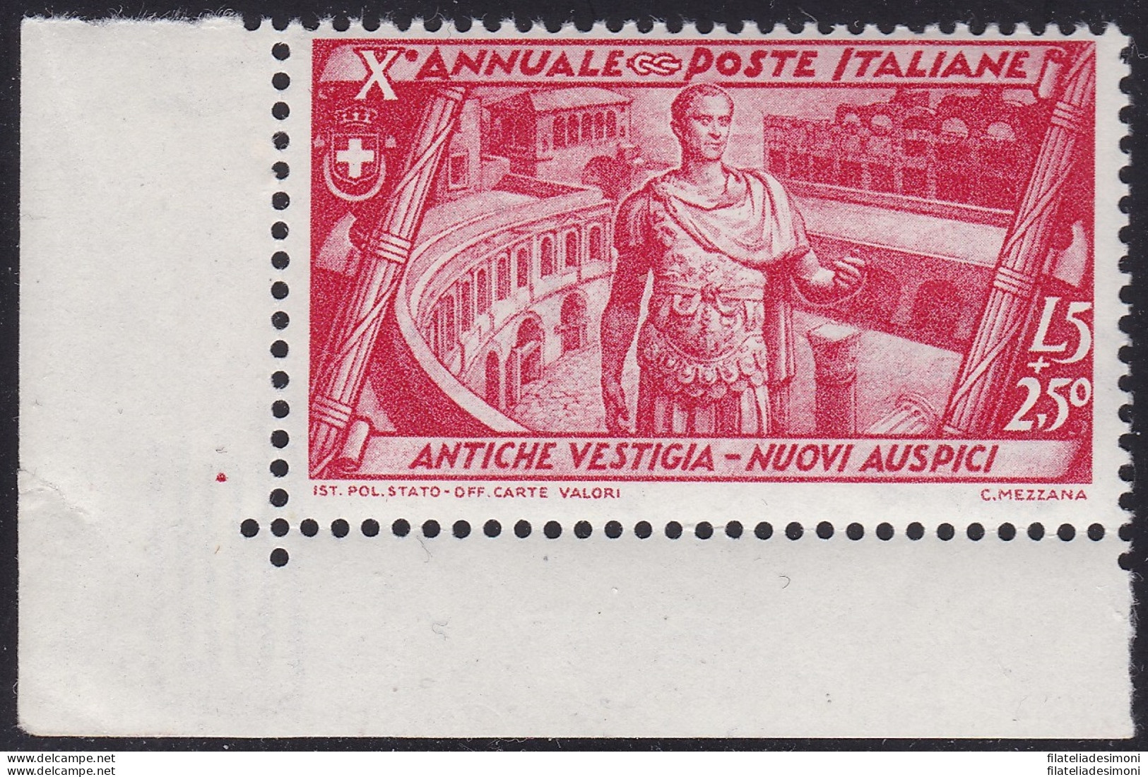 1932 Regno Di Italia, Decennale Marcia Su Roma ,n° 340 5 Lire + 2,50 Carminio MNH/** ANGOLO DI FOGLIO Con Numero Di Cil - Otros & Sin Clasificación