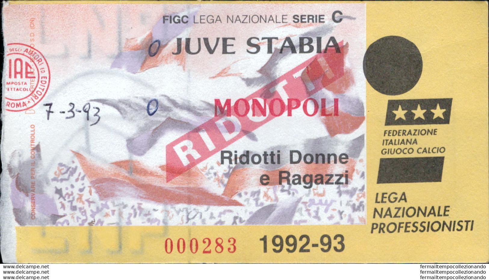 Bl11 Biglietto Calcio Ticket Juve Stabia - Monopoli 1992-1993 - Eintrittskarten