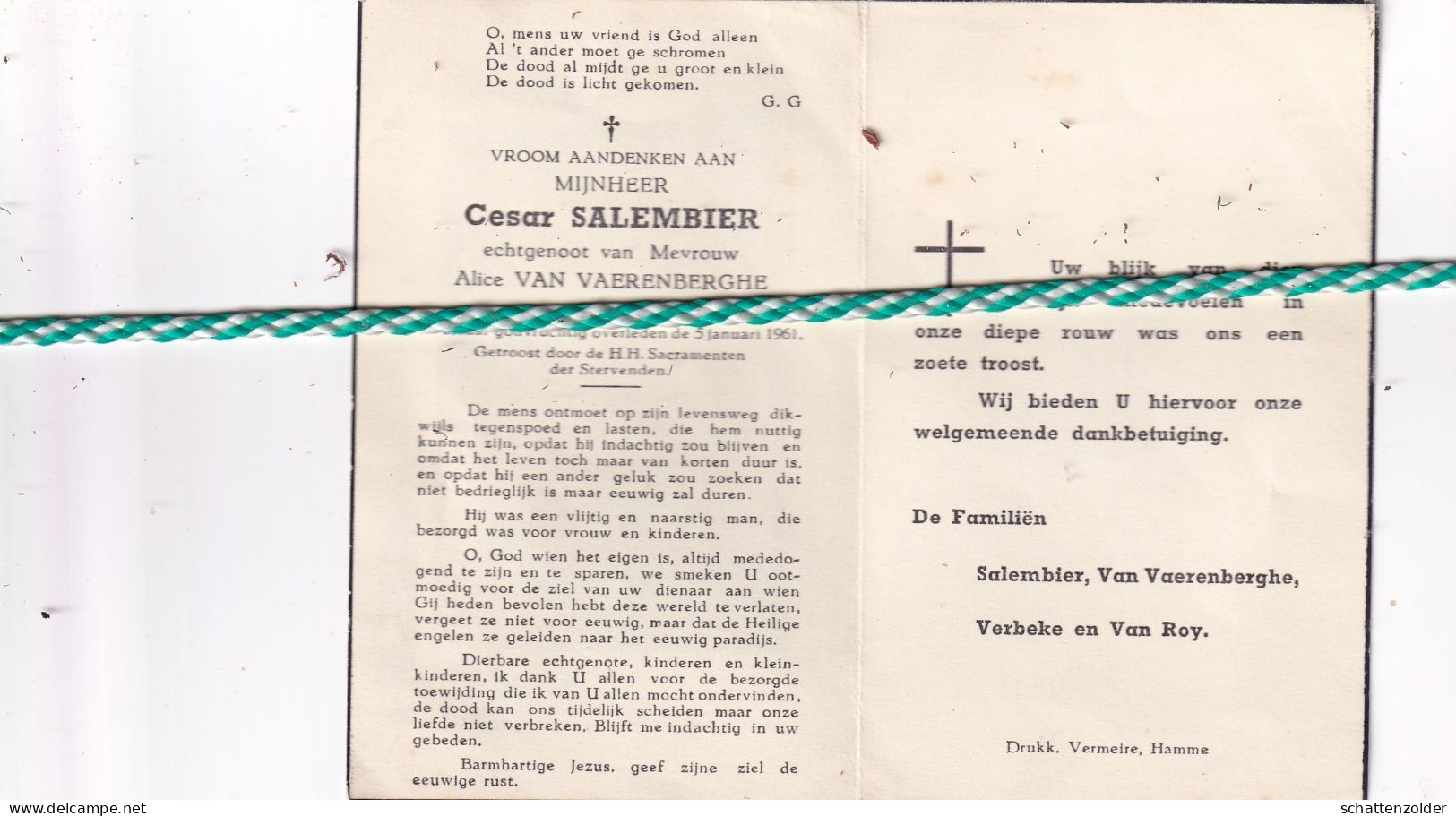 Cesar Salembier-Van Vaerenberghe, Hamme 1901, 1961 - Obituary Notices