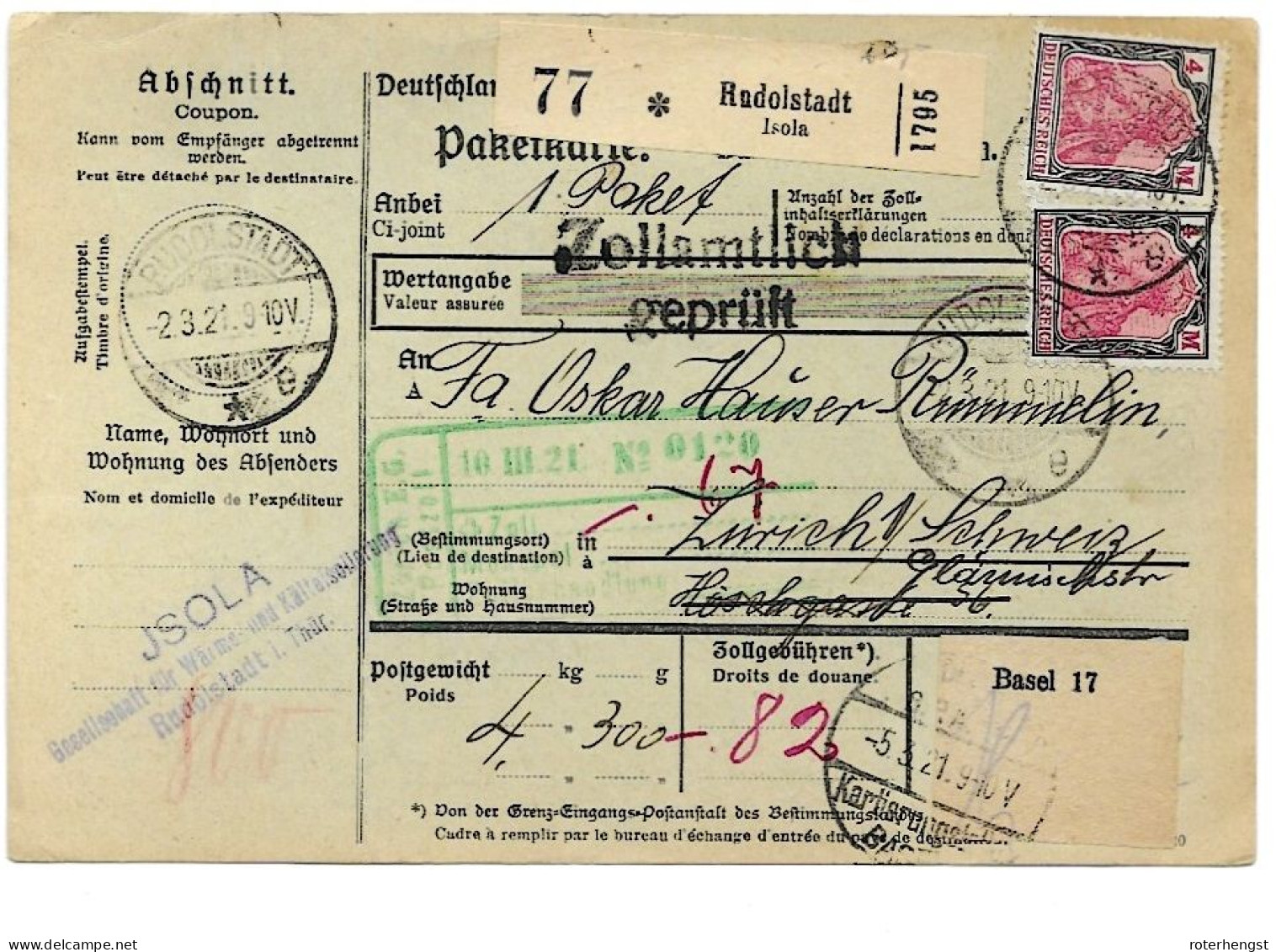 Germany Infla Paketkarte Rudolfstadt To Zurich 2.3.1921 - Lettres & Documents
