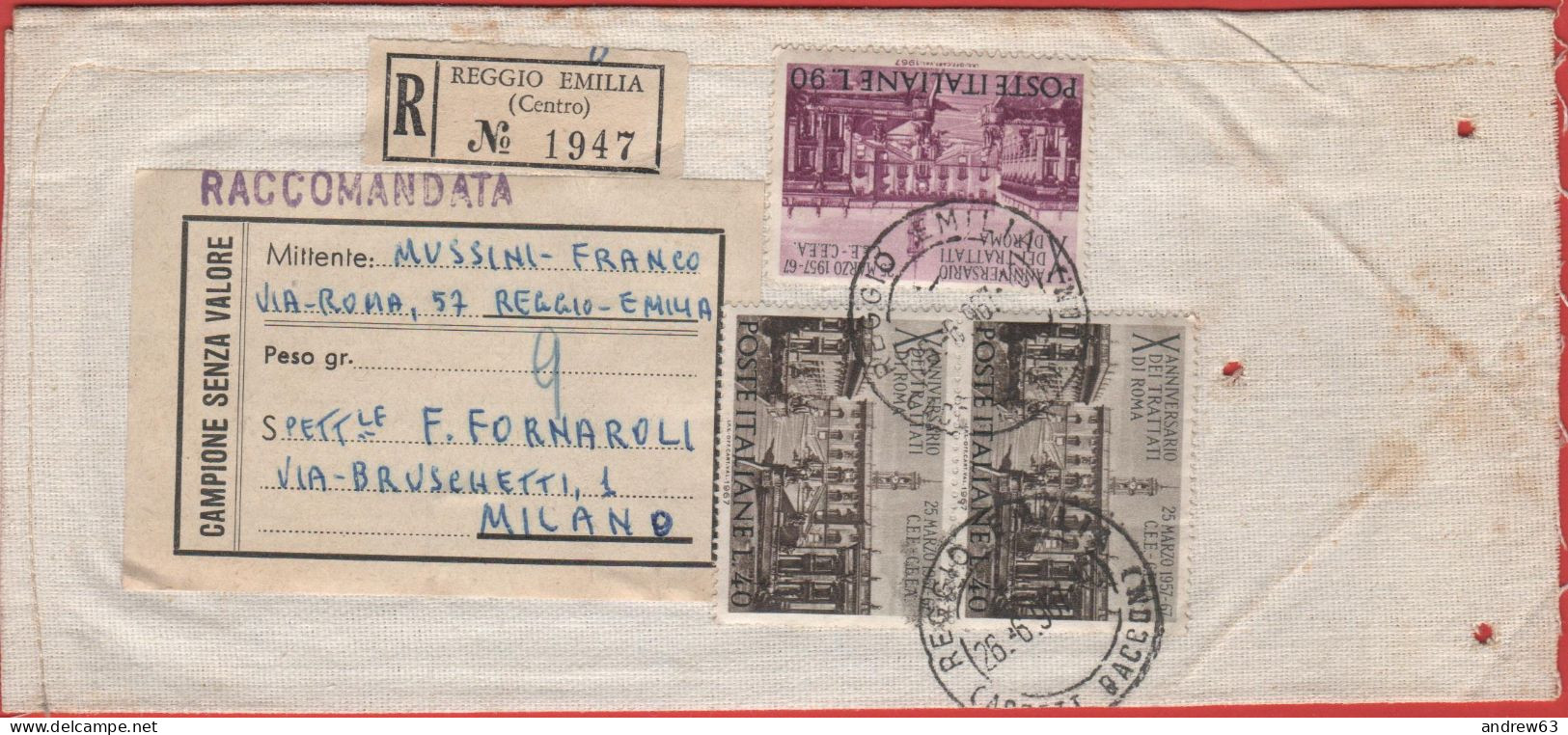 ITALIA - Storia Postale Repubblica - 1966 - 2x40 + 90 Decennale Dei Trattati Di Roma - Raccomandata -Viaggiata Da Reggio - 1961-70: Poststempel