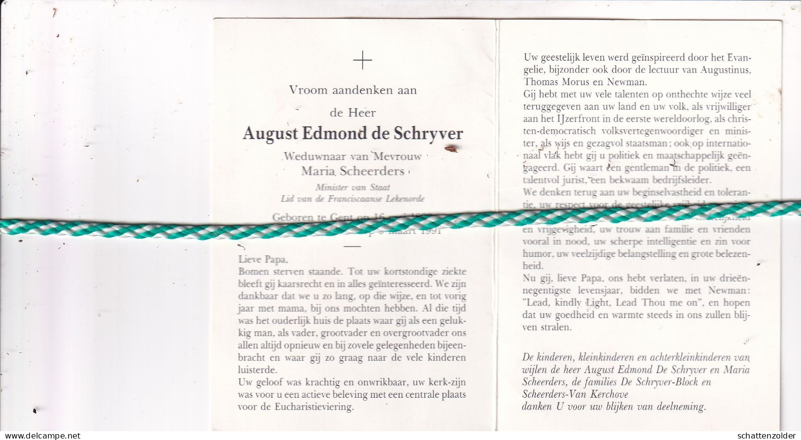 August Edmond De Schryver-Scheerders, Gent 1898, 1991. Minister Van Staat; Foto - Décès