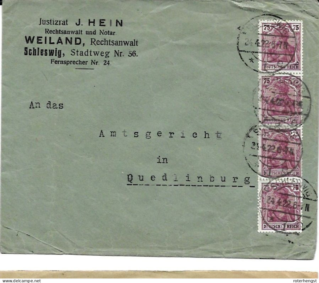 Germany Infla Schleswig 24.4.1922 - Lettres & Documents